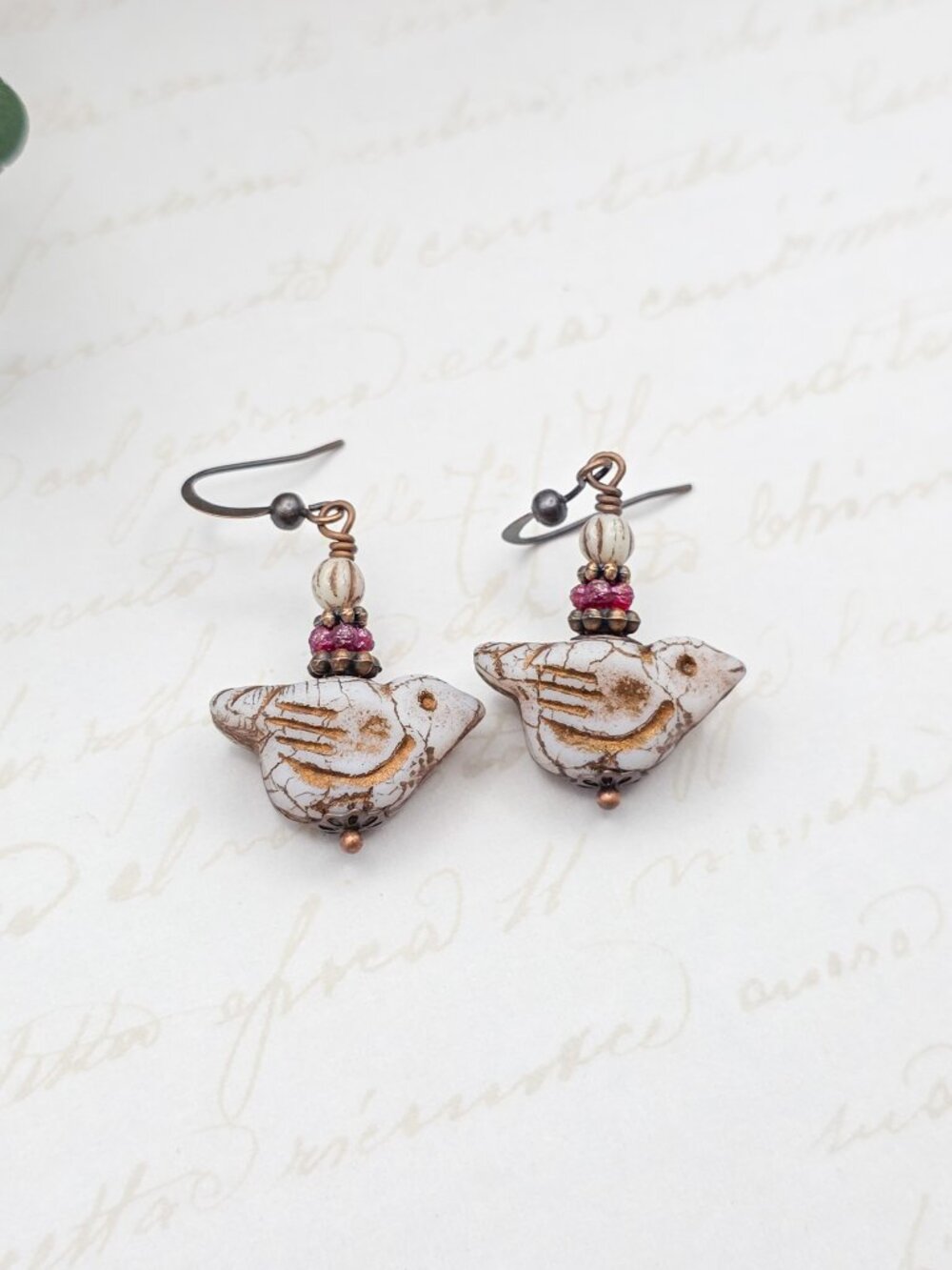 Czech Glass Bird and Copper Drop Earrings
